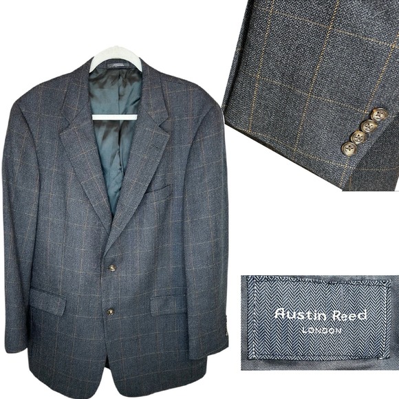 Austin Reed Sport Coat 44R Gray‎ Brown Wool Windowpane Plaid Herringbone VTG Y2K
